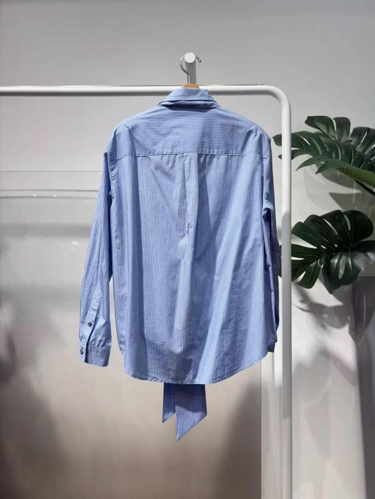Ladies' Spring/Autumn Wheat Stripe Long Sleeve Cotton Shirt with Fashion Ribbon