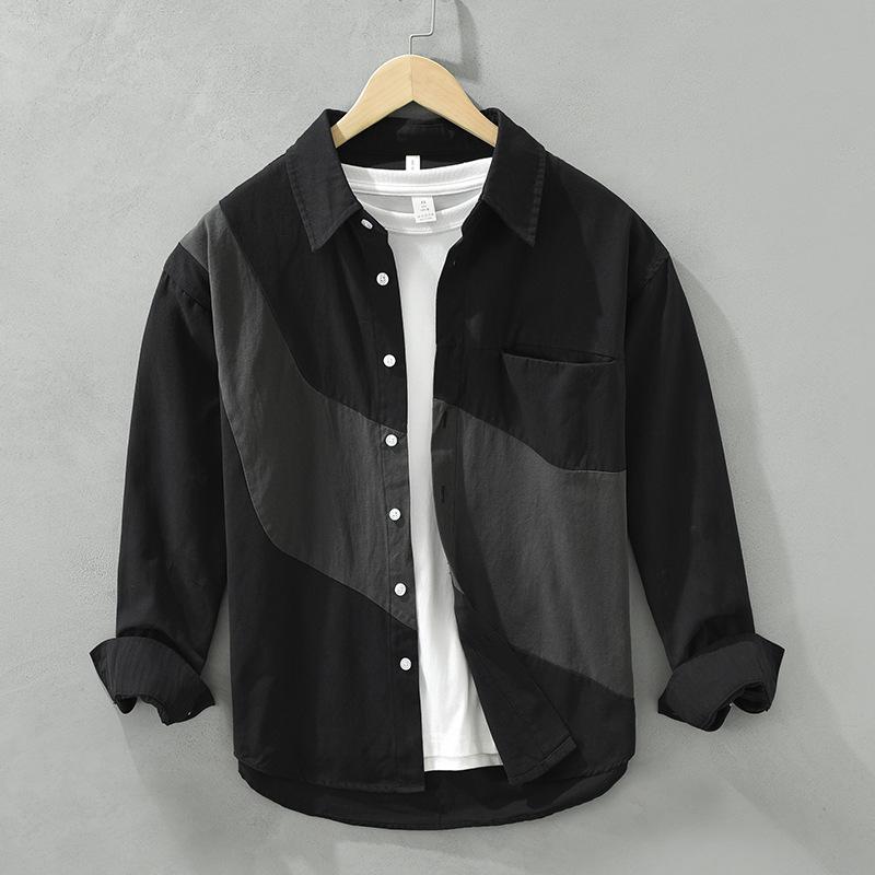 Koreanische Patchwork-Hemden für Herren Frühling und Herbst Streetwear Lockeres Oberteil Weiche und bequeme Reine Baumwolle Langarmhemden Mann
