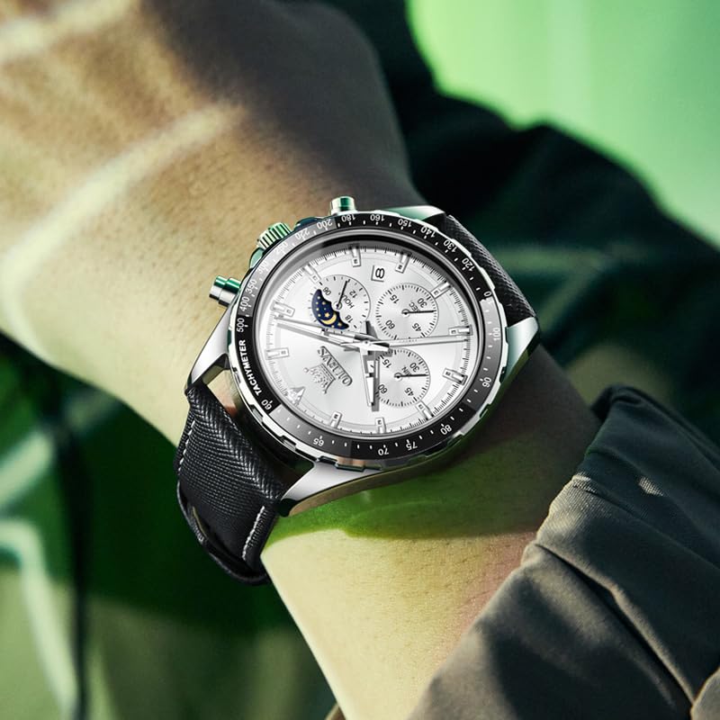 OLEVS Quartz Popular Hand Watch Business Student Moon Phase Chronograph Watch for Men Present Luminous Waterproof Date Leather Belt White Men's