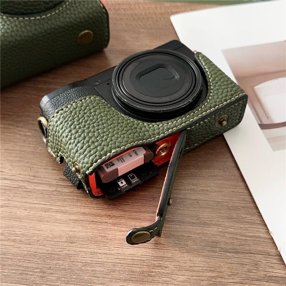 Luxuriöse handgefertigte PU-Ledertasche für Ricoh GR3 GR3X Unterseite offen Ganzkörperabdeckung mit Riemen
