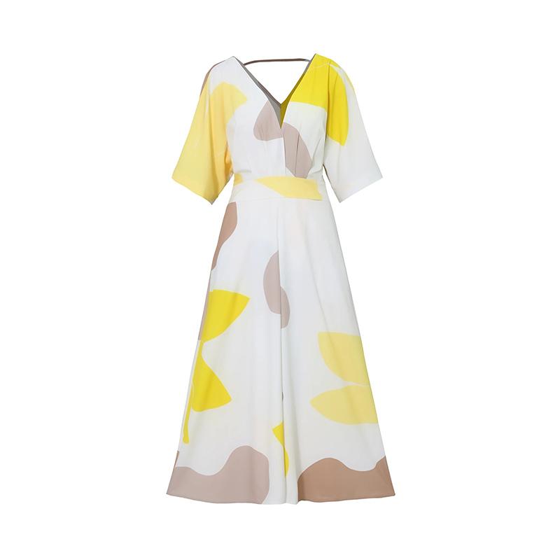 Mode V-ausschnitt Gedruckt Taille-schließen Kleid Frauen Frühling Elegante Schlanke Temperament High-taille Kleider Weibliche Pendler Kleidung