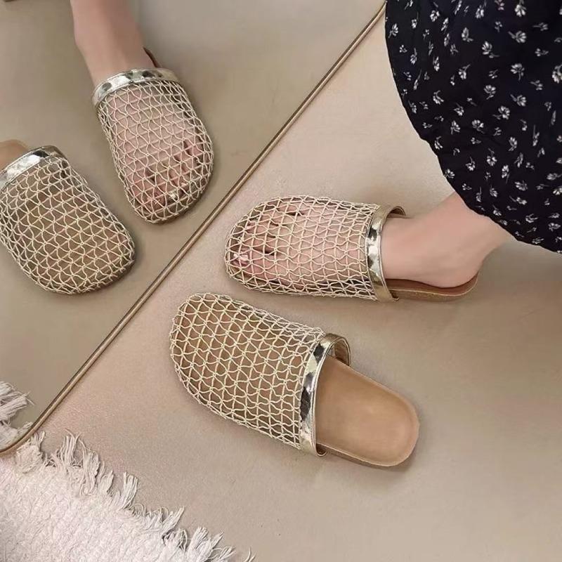 Fashion Round-toe Mesh Hollow-out Breathable Non-slip Wear-resistant Flat Shoes Women's Summer New Baotou Cool Slippers