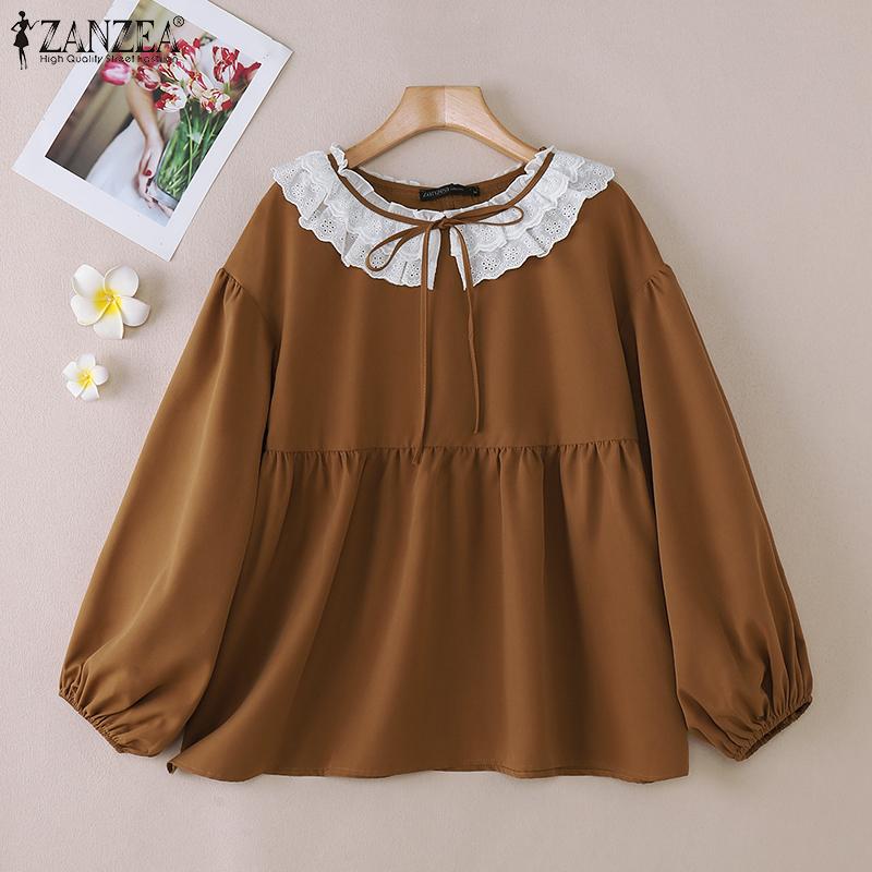 

ZANZEA Women Lace Crochet Splice Round Neck Loose Long Sleeve Blouse L іржавий