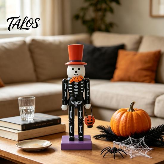 Pumpkin Basket Table Centerpiece Halloween Nutcracker Wooden Figurine, Hand-Painted Skeleton Soldier Ornament, Retro Creepy Mantel Decoration