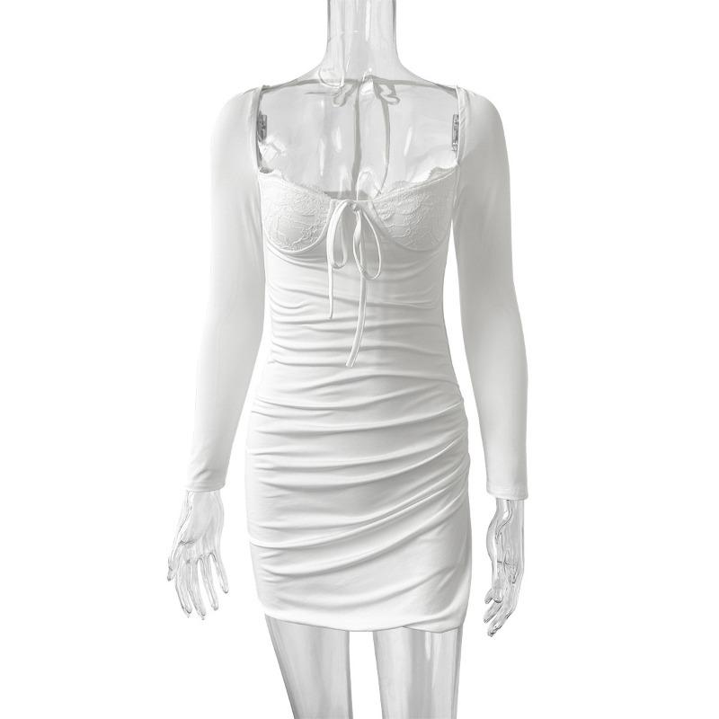 Women's Fall Square Collar Lace Up Long Sleeve Sexy Lace Lace Slit Dress