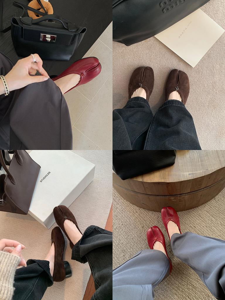 Sheepskin~ Grape Ma Same 4cm Genuine Leather Pig's Trotters High Heels Women's Pleated Ballet Light Mouth Single Shoes Thick Heel Split Toe Shoes