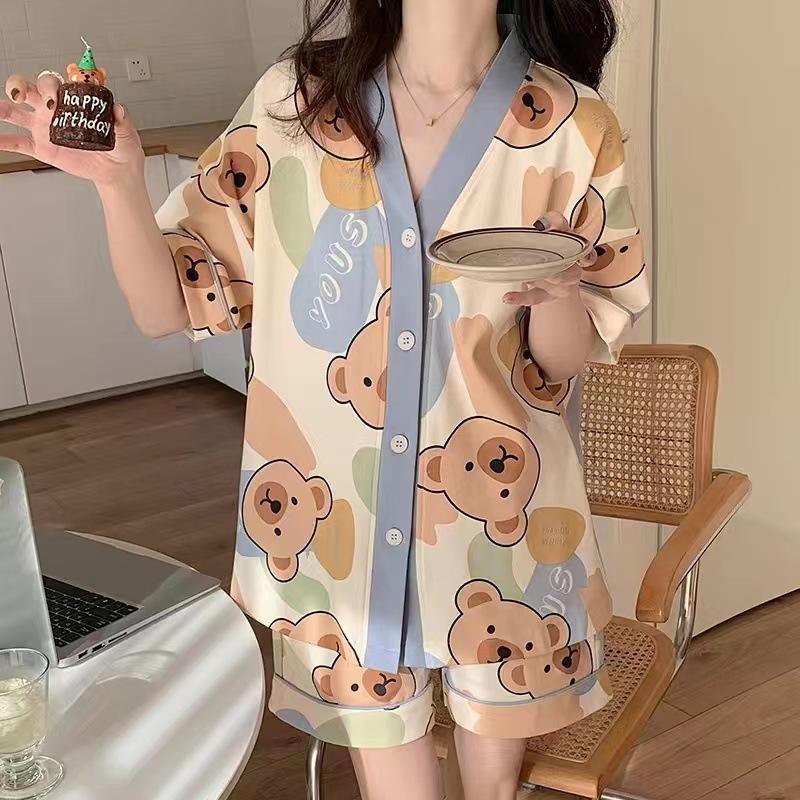 Cardigan Short Sleeve Shorts Pajama Set Girls Summer Kimono Sweet Cute Panda Can Wear Loungewear