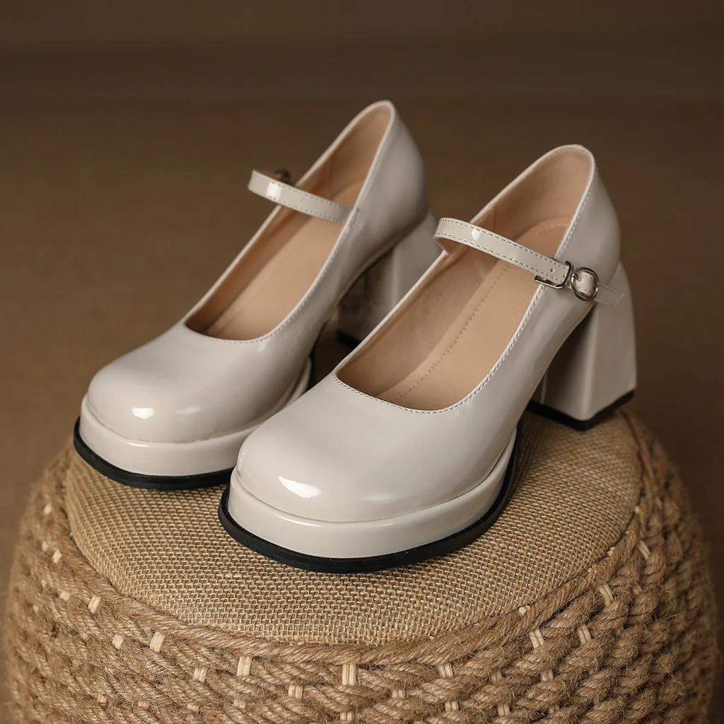 Černé dámské kožené boty Mary Jane Platforma Spona Vysoké podpatky Hrubý podpatek Silná podrážka Kulatá špička Lodičky Lolita Vysoká kvalita