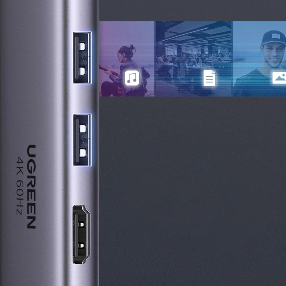 Ugreen 6-in-1 USB-C Hub: Dual USB 3.2 Gen 1, 4K HDMI 60Hz, SD/TF Card Reader, 100W PD Charging - Gray (60384 CM511)