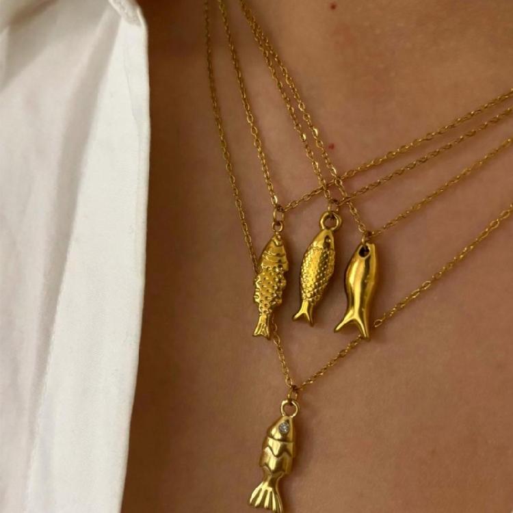 Elegant Adjustable Fish Pendant Necklace Set Sturdy Stainless Steel Chain Jewelry for Women Beach Party Casual Wear