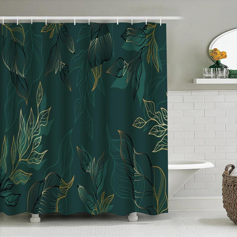 Elegant Dark Green Tropical Leaf Pattern Waterproof Shower Curtain – Perfect for Adding a Luxurious and Nature-Inspired