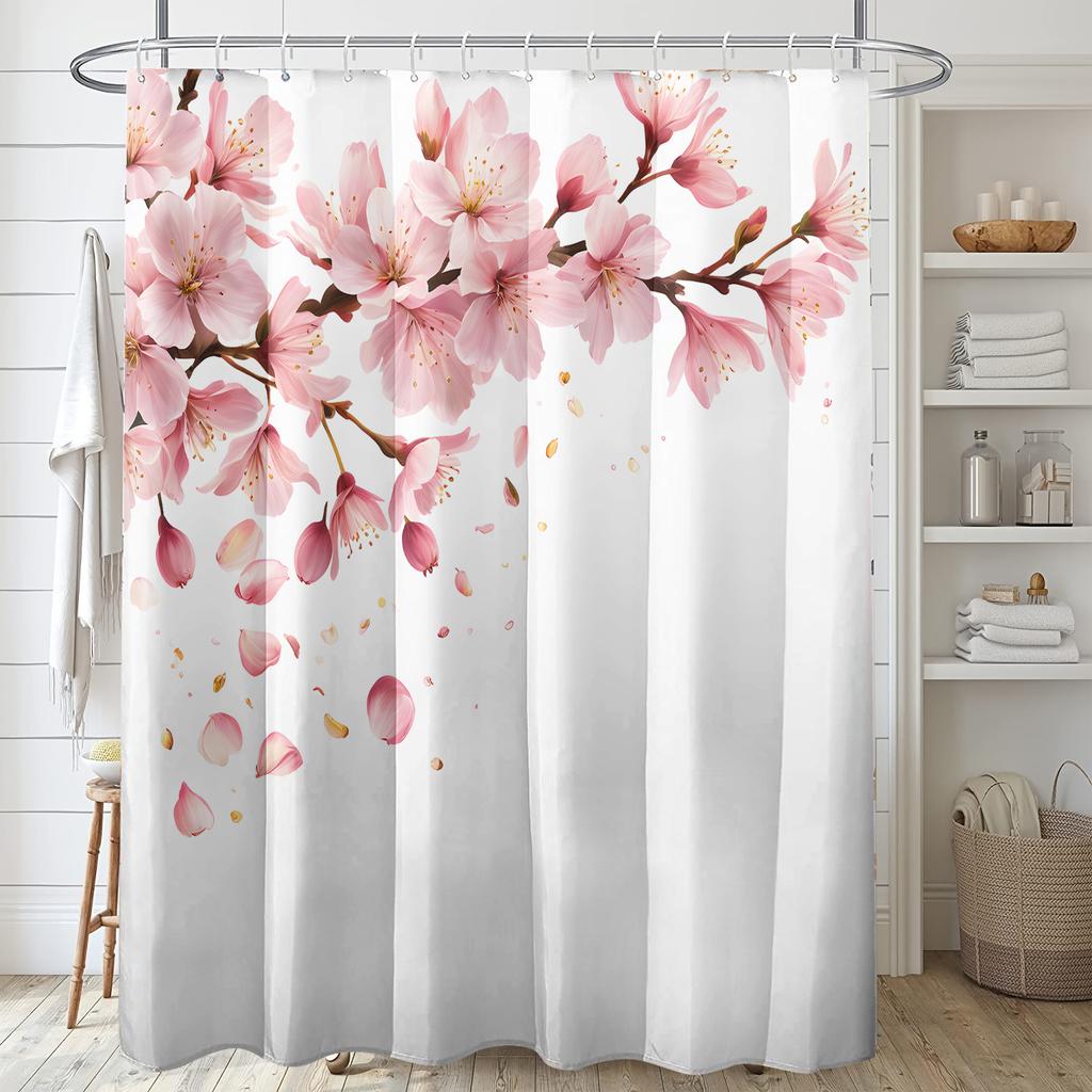 1pc White Background Flower Branch Pattern Printed Shower Curtain, Polyester Fabric with Hooks, Simple Style Window and Wall Bat