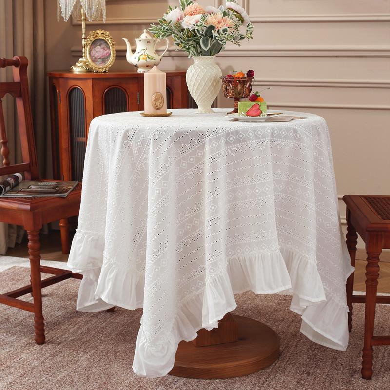Small Fresh Cotton White Background Embroidered Flower And Grass Skirt Pleated Lotus Leaf Fungus Edge Coffee Table Tablecloth Dining Table Cloth