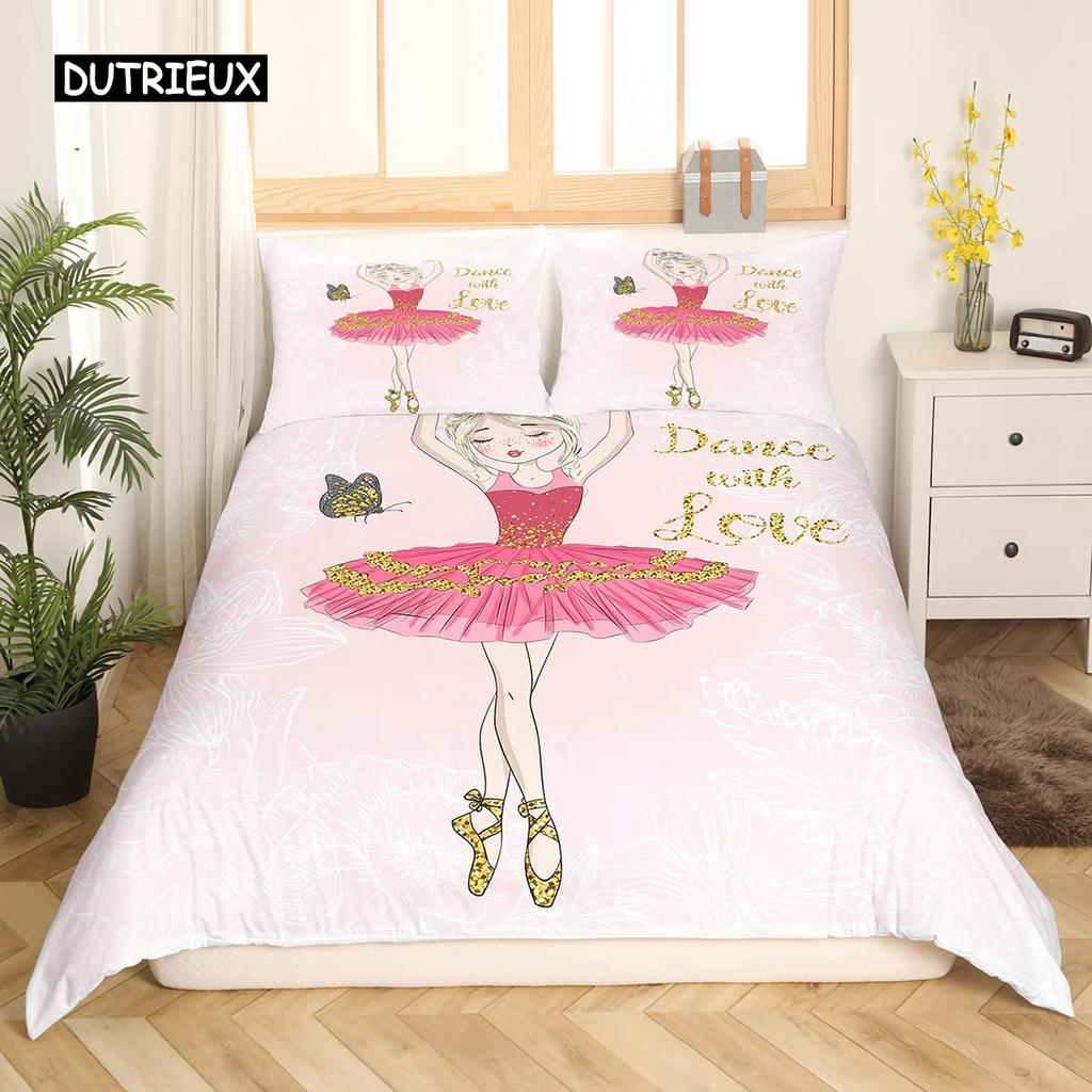 Set de cuvertură de pilota pentru fete de balet King Size Pink Set de lenjerie de pat Balerini minunați Copii Fete Husă de pilota din poliester moale prințesă