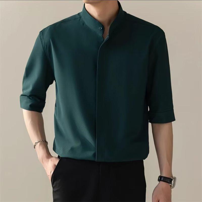 Men Mandarin Collar Half Sleeve Button Down Shirt Casual Loose Breathable Lightweight Business Casual Summer Top