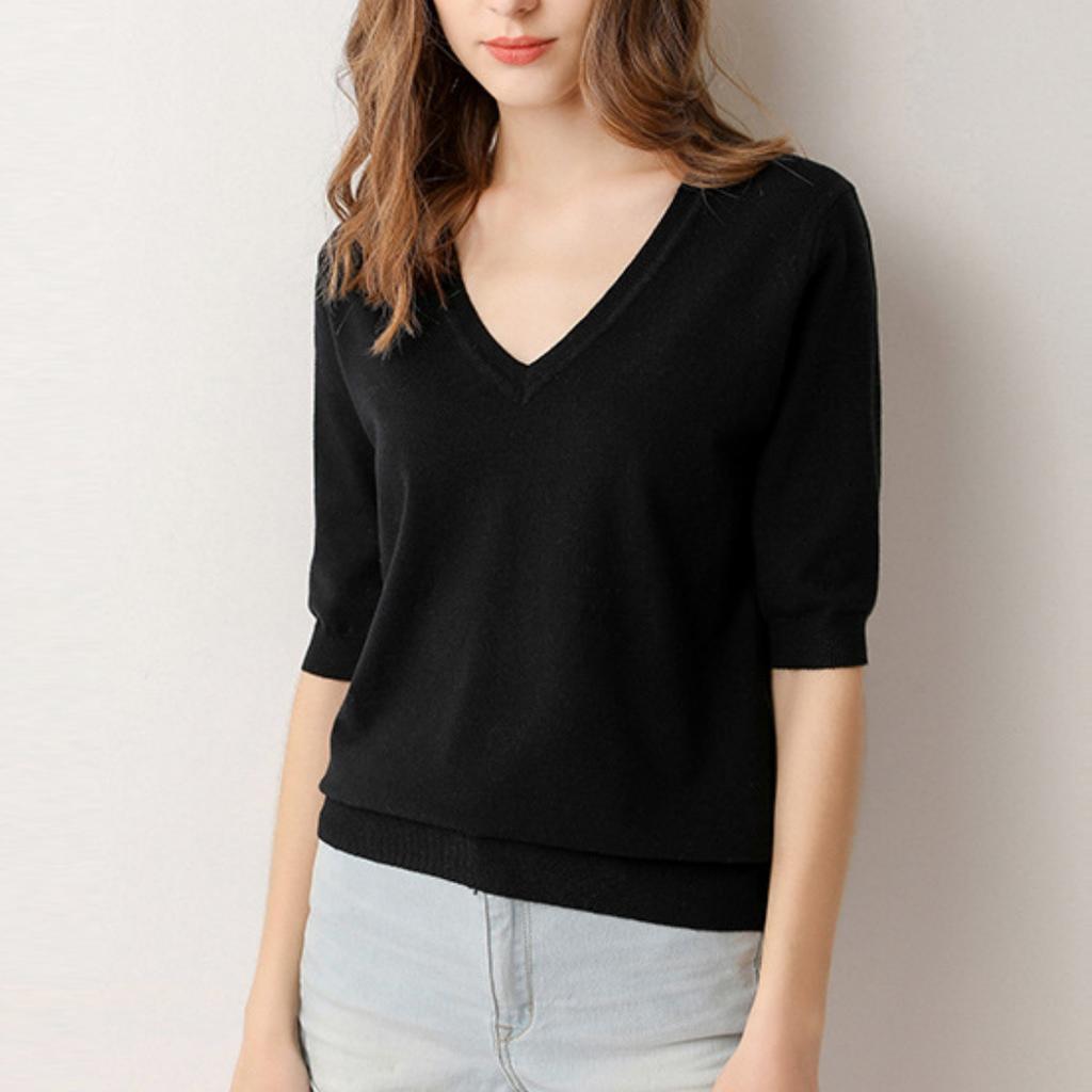 Fashion Women's Knitted V-neck Sweater Loose Bottoming Shirt T-shirt