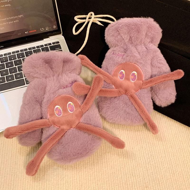 

Забавные плюшевые перчатки с изображением маленькой желтой утки для женщин зимой, симпатичные бархатные, теплые, с хлястиком, для велоспорта, для защиты от холода, студенческие варежки для всех One size