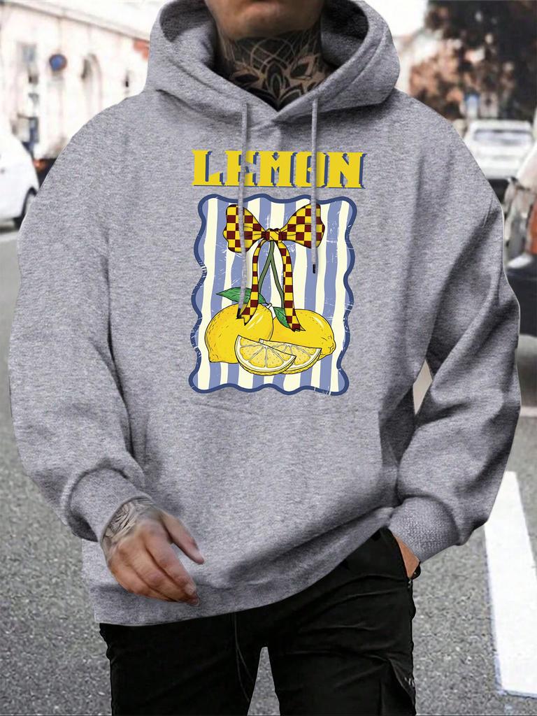 Creative Lemon Fruit Bow Print Men Hoodies Multicolor Pocket Hoodie Fleece Autumn Male Clothing Casual All-Match Streetwear