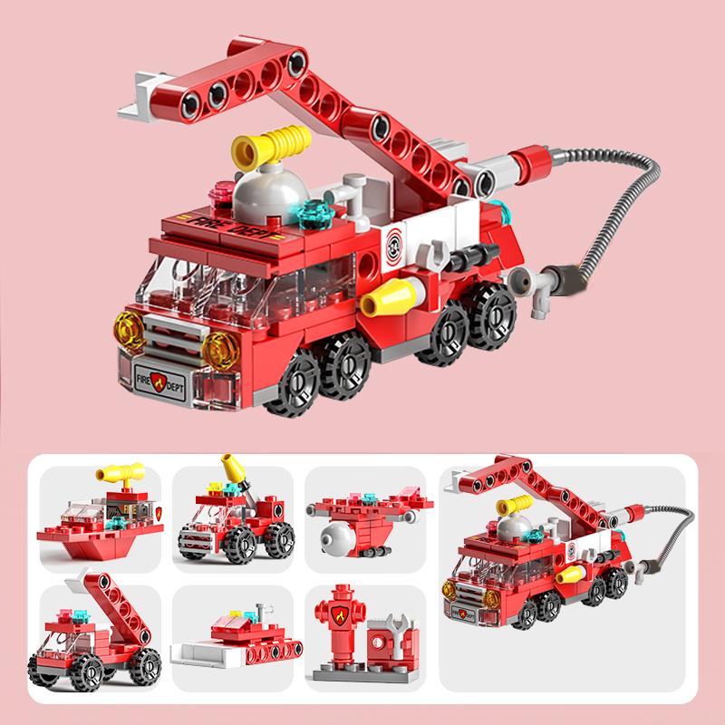 6IN1 Building Blocks City Fire Car Police Truck Engineering Crane Tank Helicopter Bricks Set Toys for Children Kids
