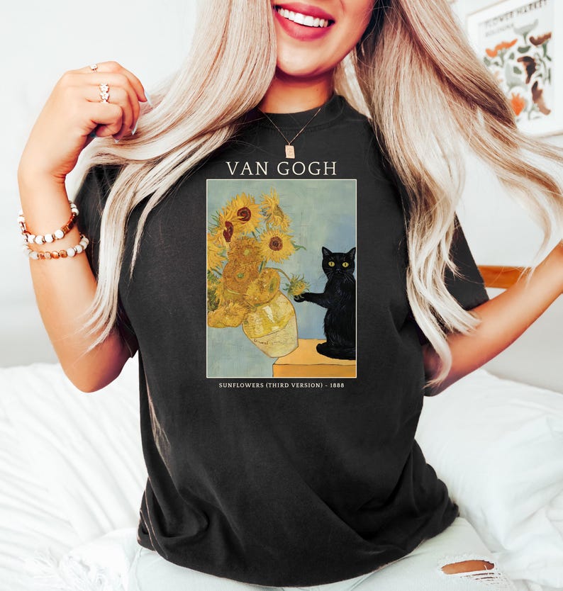 Van Gogh Cat Shirt Van Gogh Irises Cat Tshirt Flowers Ladies Shirts Funny Gift Idea