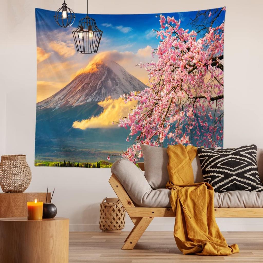 Japanische Rosa Sakura Wandteppich Kirschblüten Berg Fuji Japan Wandbehang Tapisserie für Schlafzimmer Wohnzimmer Studentenwohnheim Man Cave