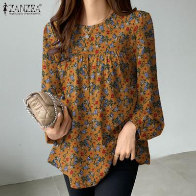 Frauen Casual Langarm O-ansatz Lose Blumen Bluse Tops