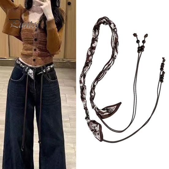 Handcrafted Sustainable Belt Retro Silky Scarf Jeans Belt, Waxed Cotton Rope with Unique Style Natural Wood Beads, Adjustable Size Headband or Handbag
