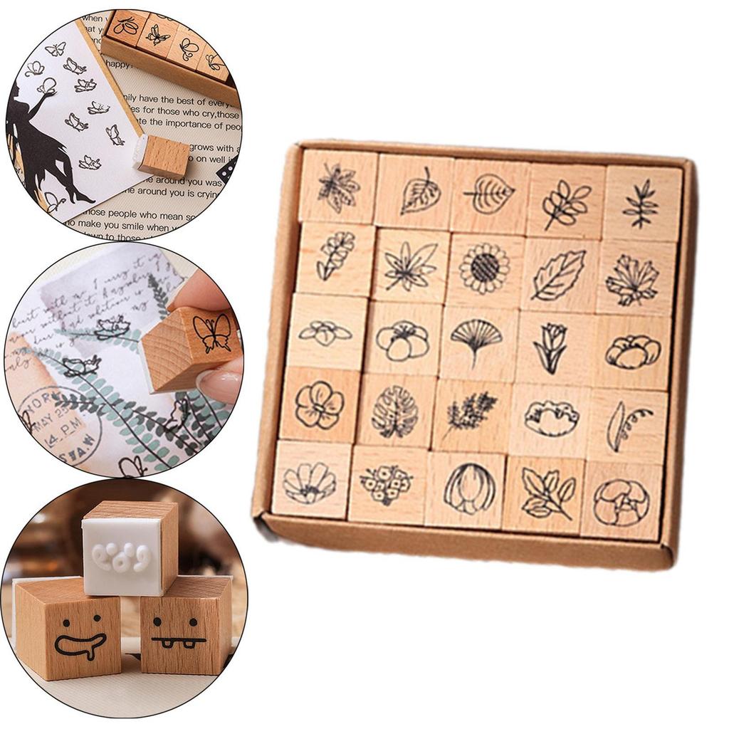 25Pcs Mini Stamps Handmade Stamper Set Wooden Rubber Stamps for Scrapbooking