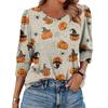 Women's Fashionable Casual Round Neck Seven Quarter Sleeve Halloween Printed Bubble Sleeve Top