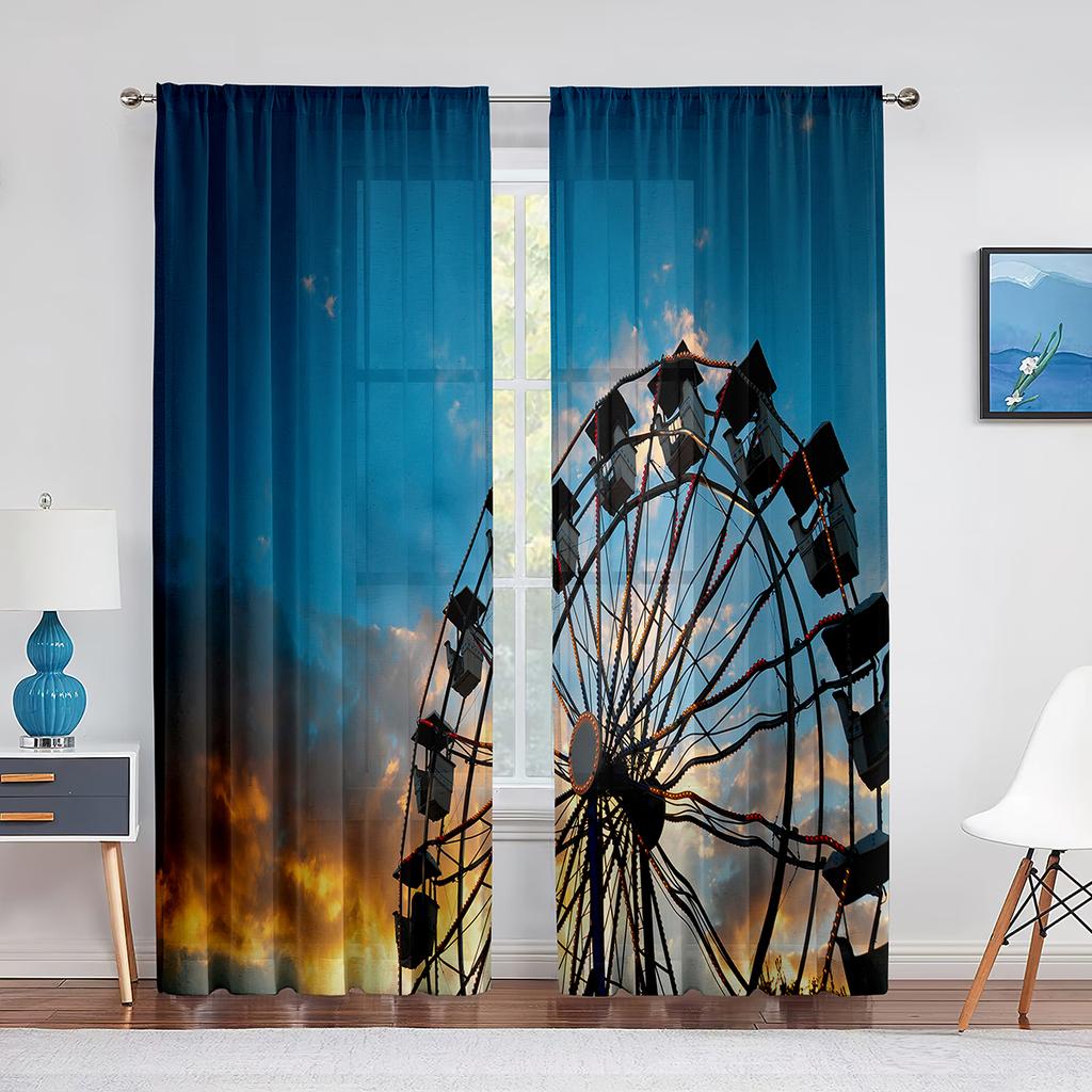 Giant Vertical Revolving Ferris Wheel Tulle Curtains Living Room Bedroom Decor Chiffon Sheer Voile Kitchen Window Curtain Drapes