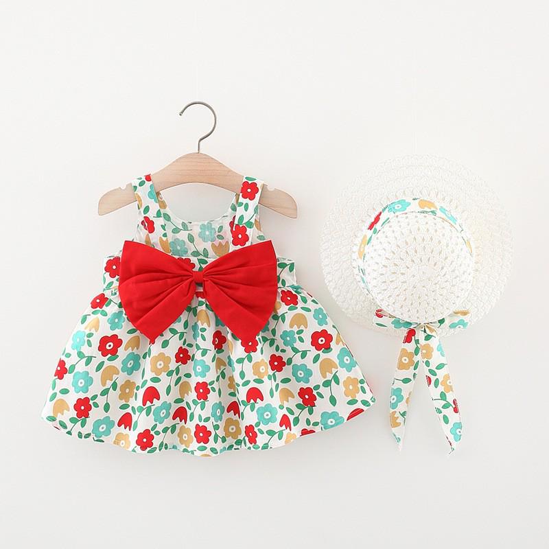 A749 Summer Baby Girl Princess Dress with Big Bow & Flower Skirt, Includes Hat, for Ages 1-4