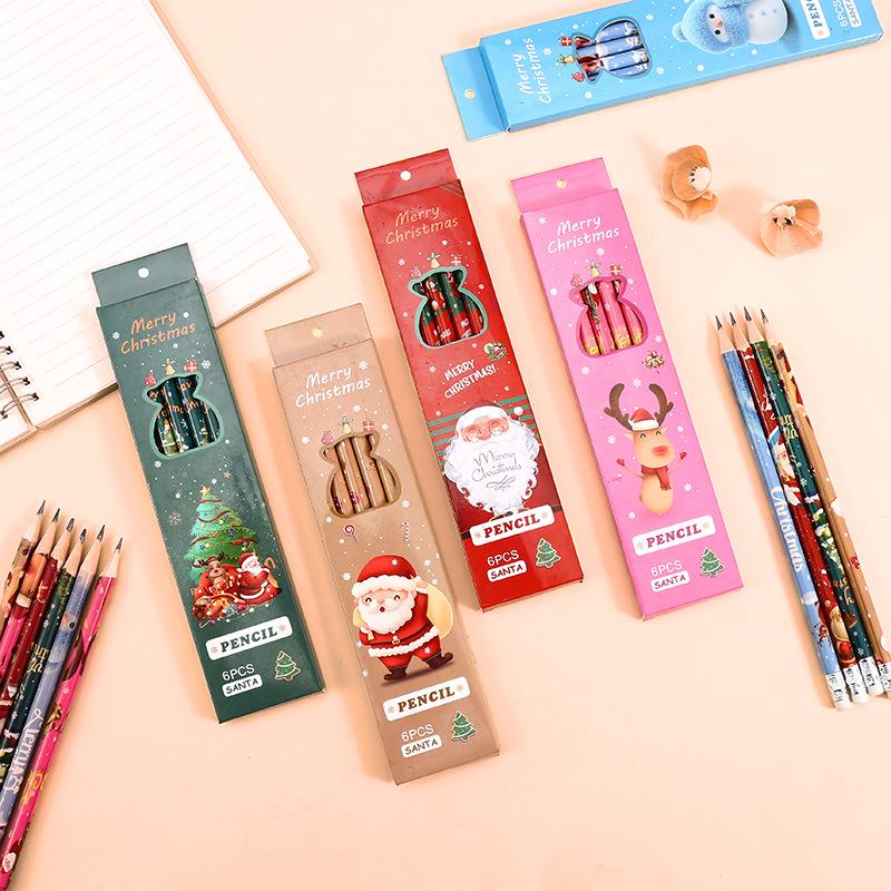 6-Pack Christmas Cartoon Pencils with Eraser Tips - Round Shafts for Children and Students