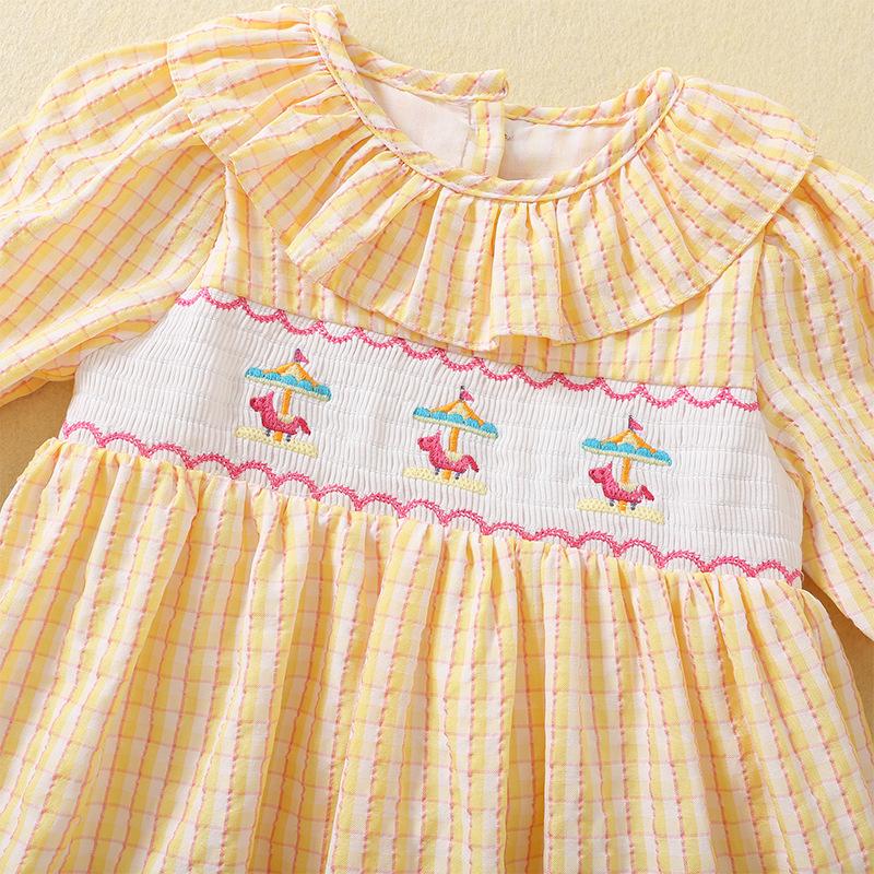 Sweet Girls Smocked Dress Spring Autumn Plaid Princess Dress With Cartoon Horse Embroidery Unique Design