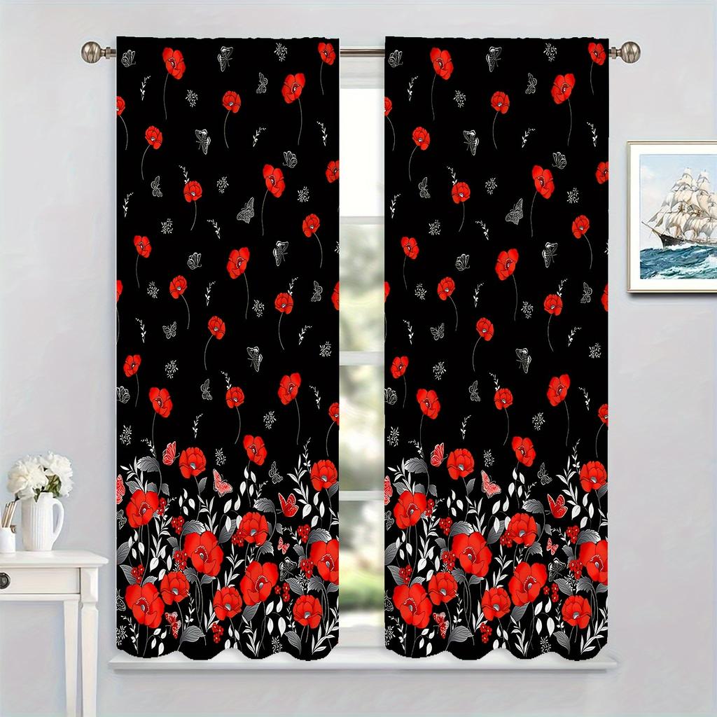 2 st Heminredningsgardiner Röd Rosa Blomma Alla hjärtans dag Gardinset Stångficka Gardin För Kök Café Vardagsrum Kontor Hem