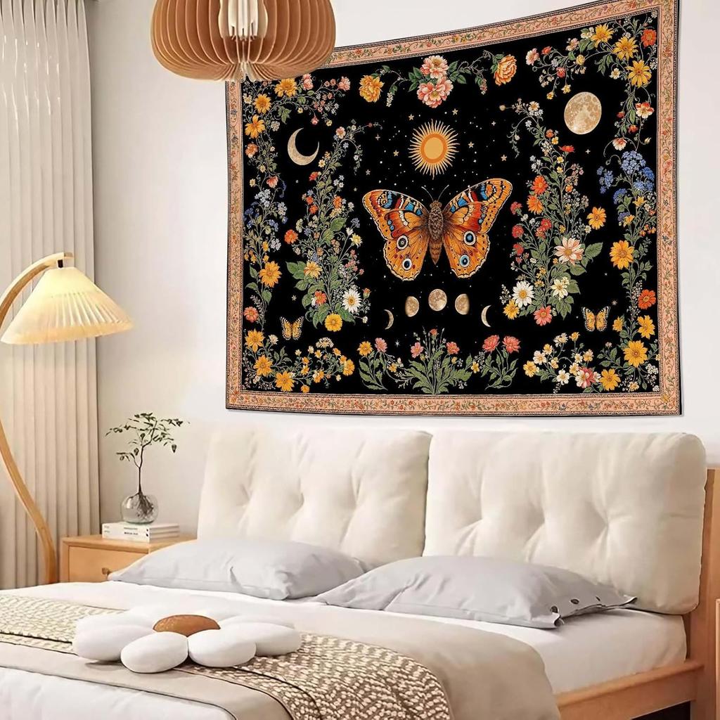 Mystical Moon Phase Butterfly Tapestry, Floral & Celestial Print with Wildflowers, Wall Decor for Nature & Witchy Rooms