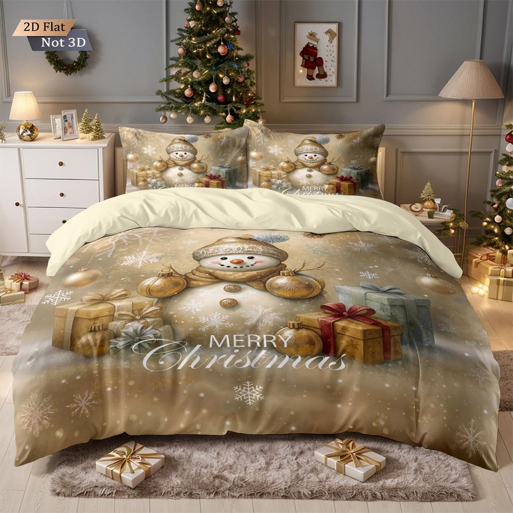 Comforter 3Pcs Golden Christmas Snowman Printed Chipless Bedding Set Soft Dormitory Bedroom Multiple Sizes Machine Washable