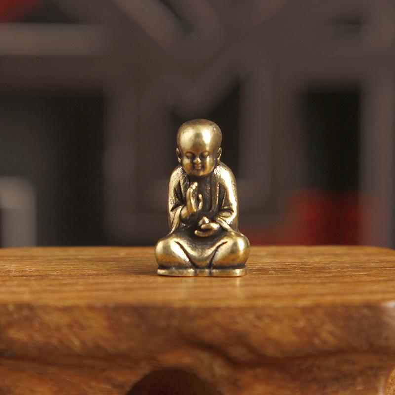 Vintage Mini Brass Zen Monk Statue Collectible Tea Pet for Office Desk Yoga Room Meditation Decor