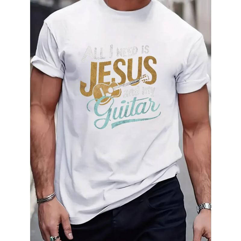 European Sizes 1pc Plus Size Men'S Summer T-Shirt, Casual Round Neck, Polyester Knit with Geometric Guitar Print, Short Sleeve, Regular Fit