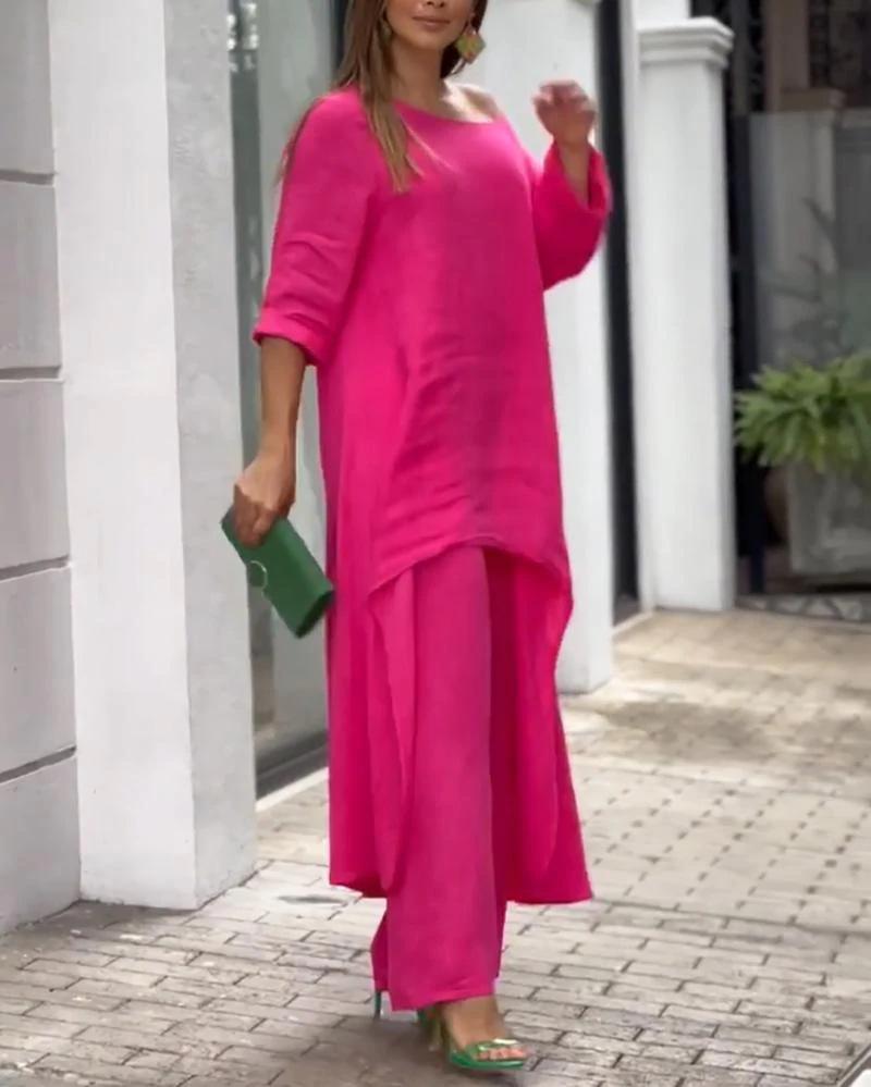 2023 Plus Size Women's Cotton Linen Irregular Two-Piece Long Sleeve Top Set