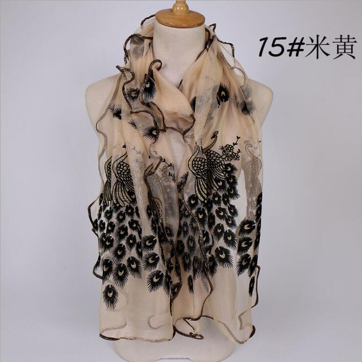 Women Chiffon Neck Scarf Flower Peacock Embroidered Lace Scarf Femmes Silk Long Soft Elegant Shawl New Spring Muffler Scarves