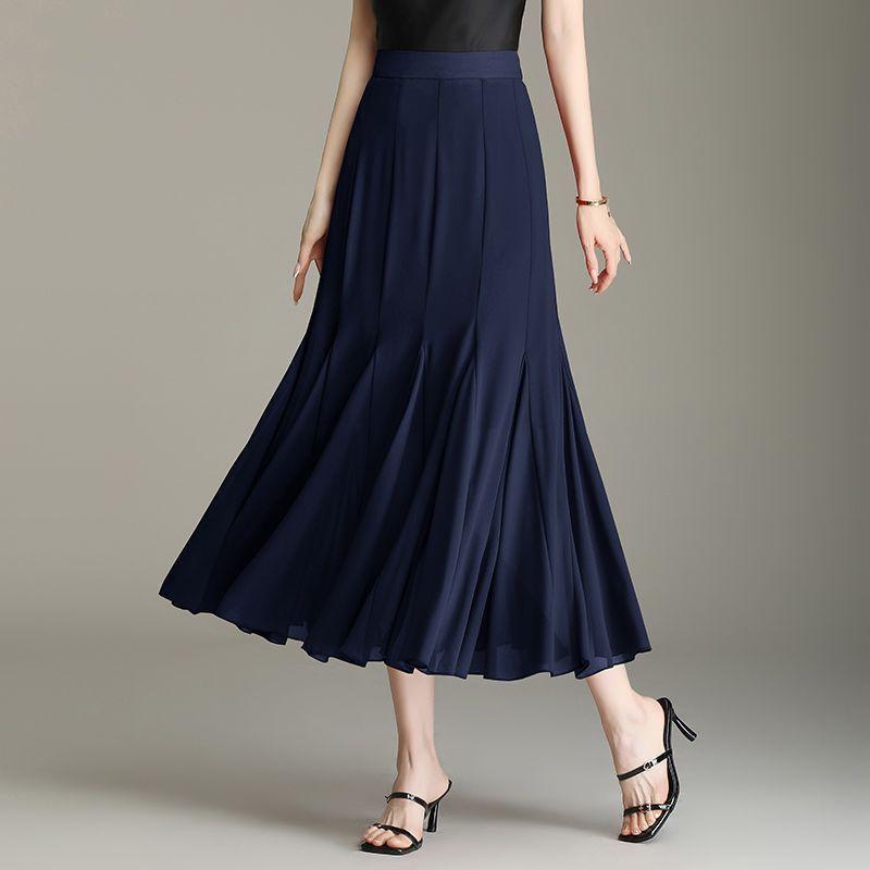 Fustă de vară din șifon până la jumătatea corpului Alb pentru femei Mărime medie spre lungă Talie înaltă Culoare solidă mare Fustă A-line Croială slim Fustă mare