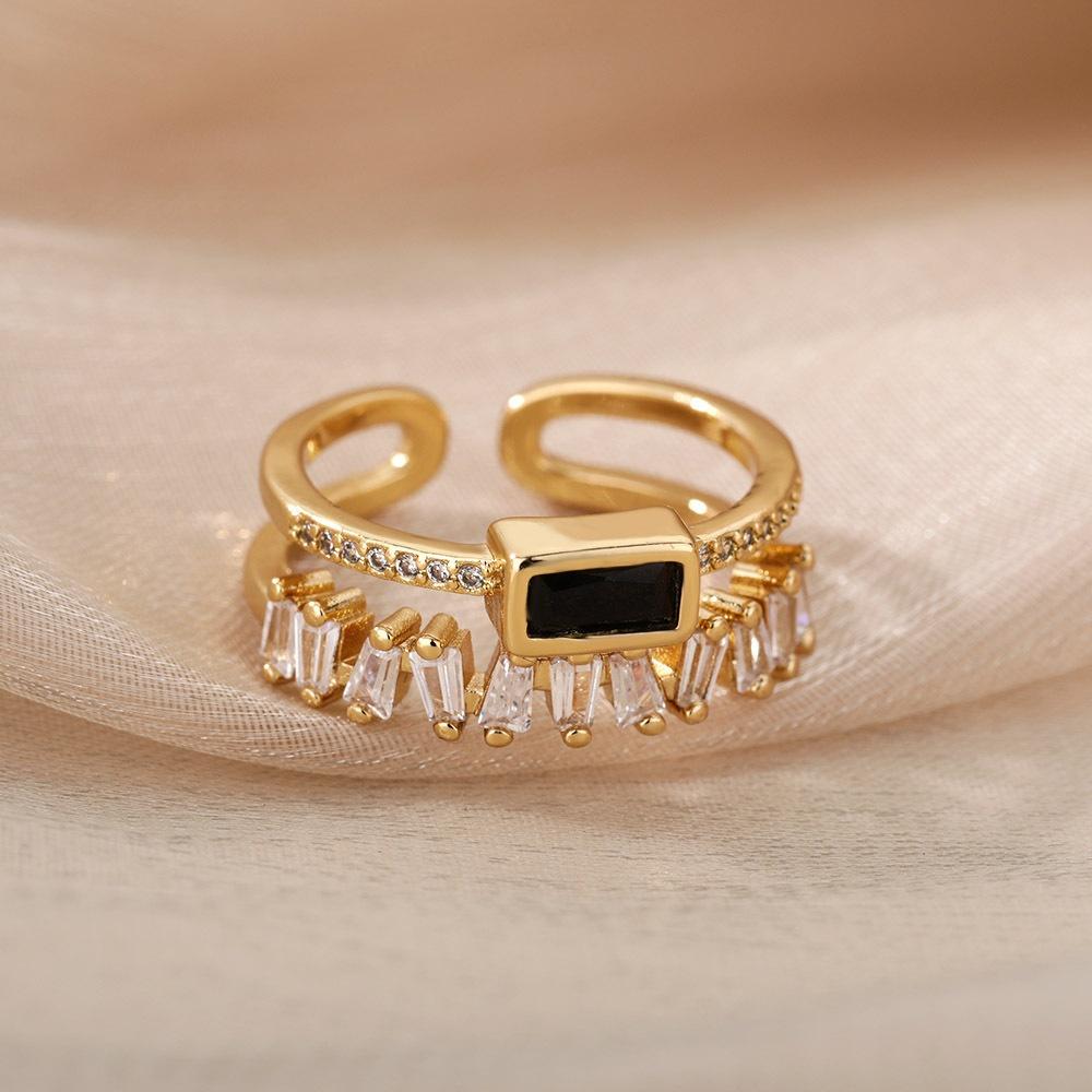 New Personalized Fashion Classic Green Irregular Double layer Zircon Ring Women's Stainless Steel Gilded Wedding Ring