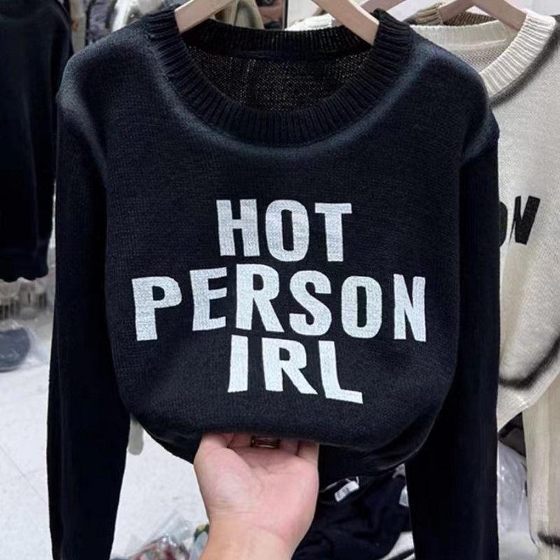 

Ранняя осень новый ретро свободный вязаный свитер с принтом букв женский с круглым вырезом нишевый универсальный свитер с длинным рукавом One Size чёрный