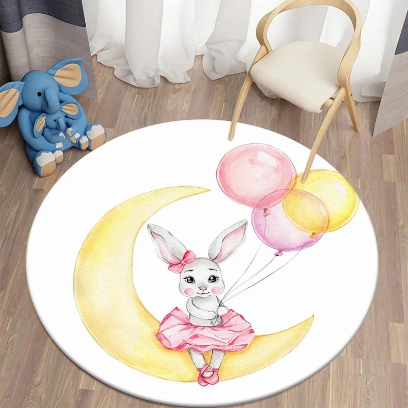 Cartoon Rabbit Girl Animal Flowers Round Carpet Cute Bunny Mouse Circle Rug Home Bedroom Living Room Floor Mat Chair Pad Doormat