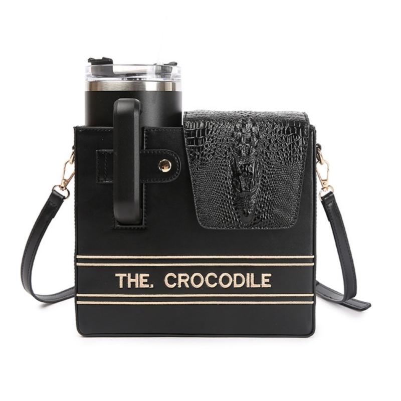 

Waterproof PU Reptile Texture Drink Container With Adjustable Strap For Coffee Flask Bottles Camping Walking Daily Needs чорний