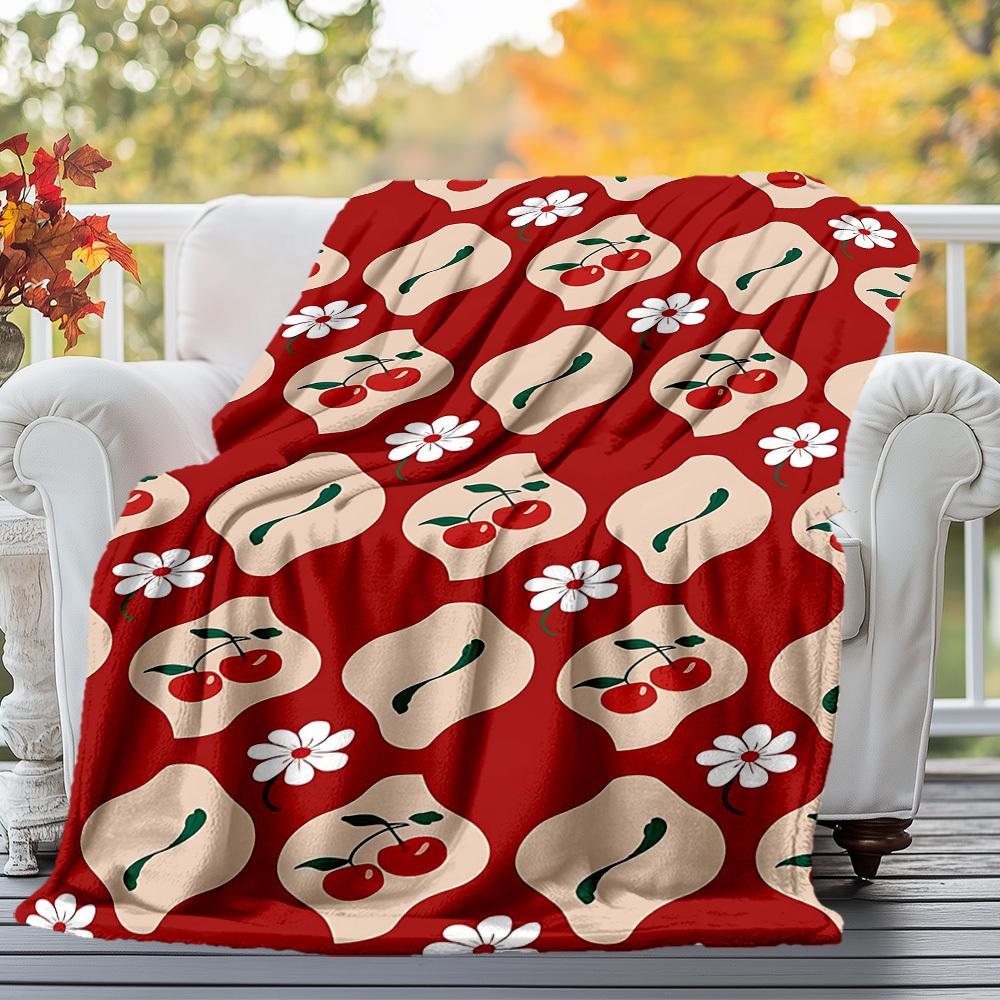 1pc Cherries Flowers Outdoor Flannel Blanket Soft Warm All-Season Throw for Sofa Bed Car Camping Office, Cozy Gift Idea1249S