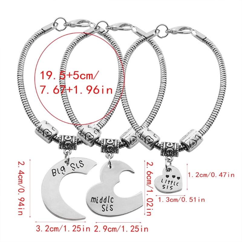 3pcs Zinc Alloy Adjustable Bracelets Gift for Best Friend Sisters Featuring Heart Shape Representing Big Middle Little Sis Love Theme