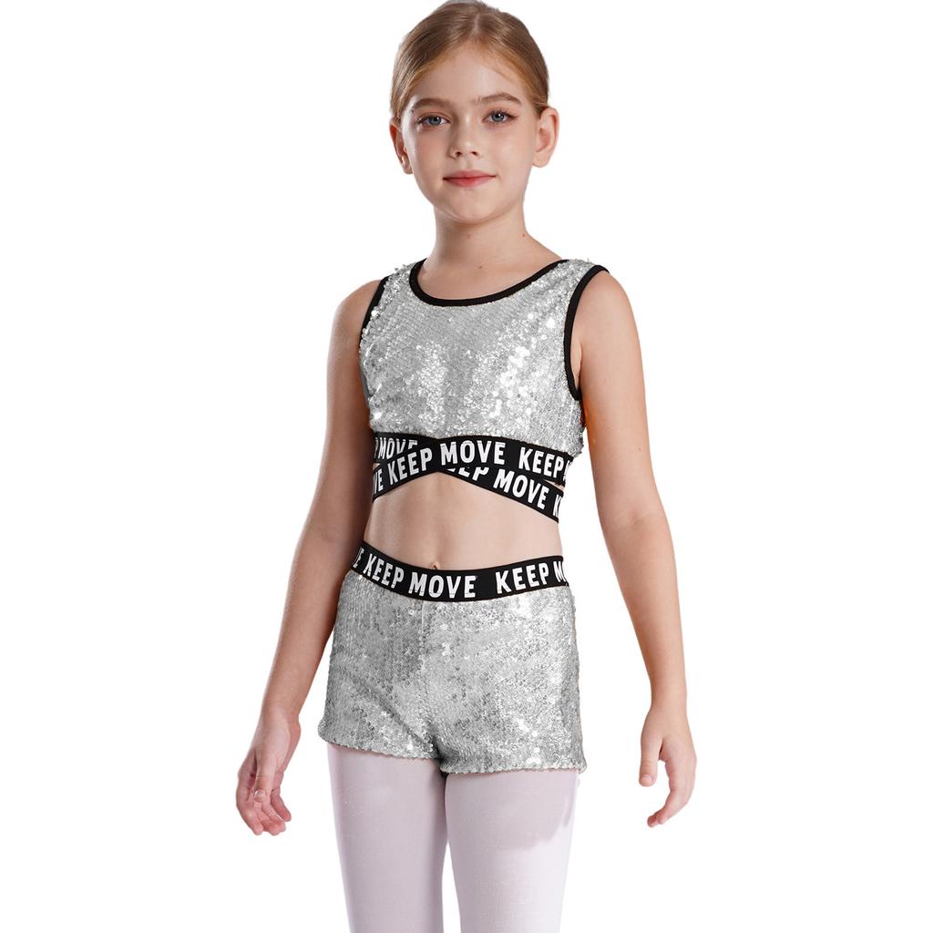 Kids Girls Sparkling Sequins Dance Clothes Set Sleeveless Criss Cross Straps Crop Top with Shorts