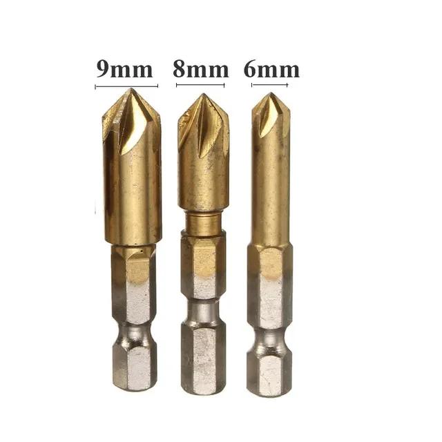 3/6pcs Countersink Drill Bit Set 1/4'' Hex Shank HSS 5 Flute Countersink 90 Degree Wood Chamfering Cutter Chamfer 6mm-19mm