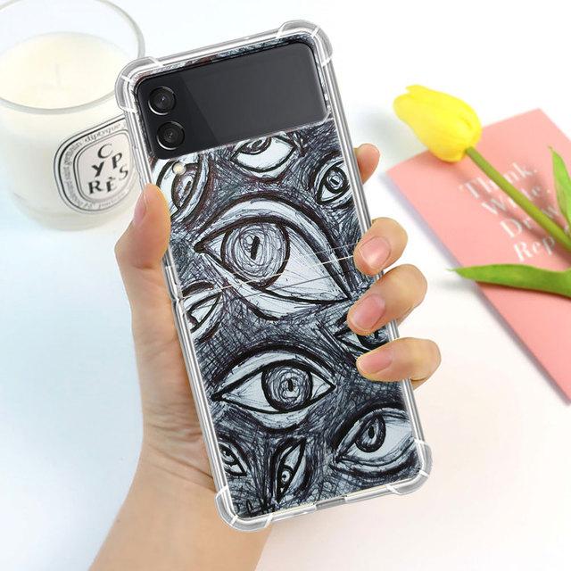 Scary Face Eyes Smiley Case For Samsung Galaxy Z Flip 3 4 5g Funda Z Flip3 Clear Pc Hard Shockproof Back Phone Coque Shell